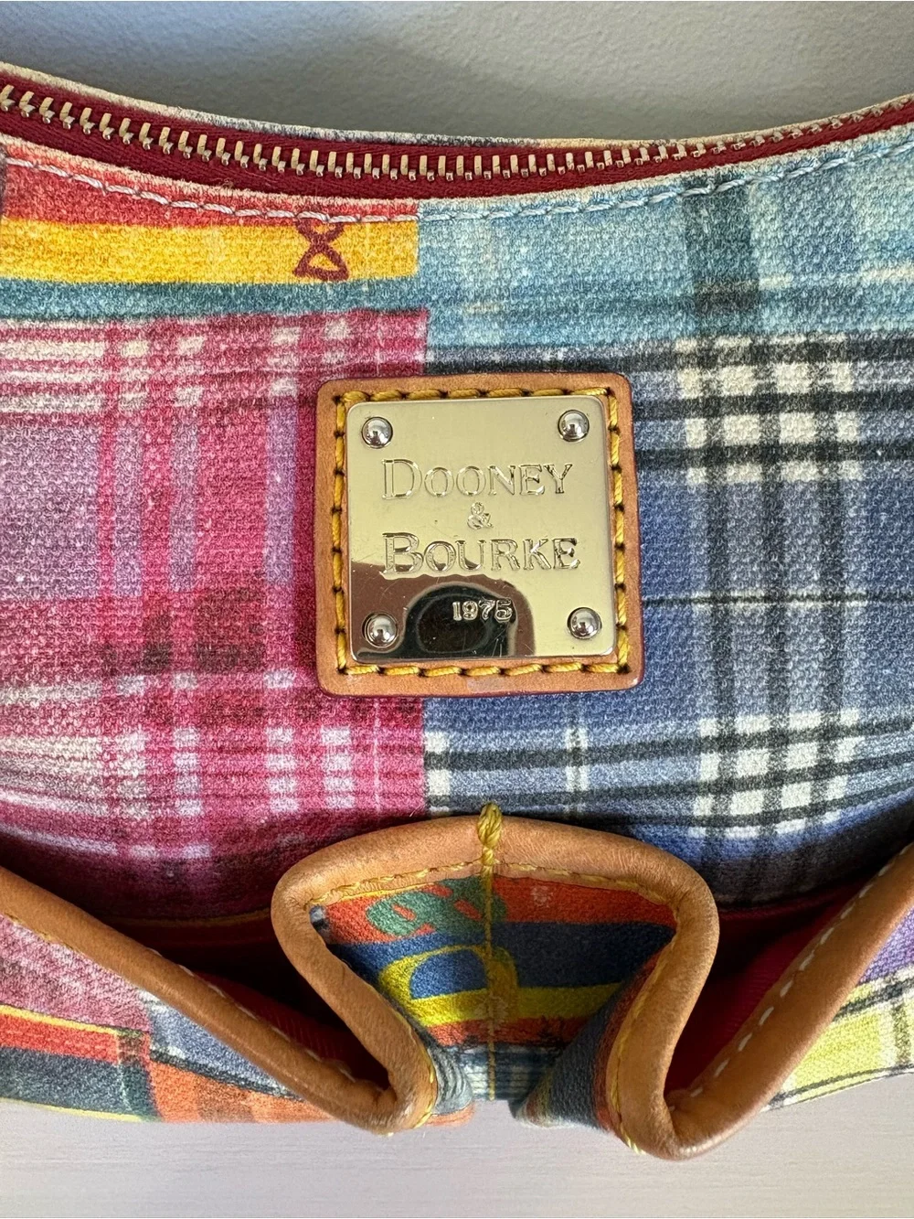 RARE Vtg Dooney & Bourke Picnic with Ants Madras Plaid Hobo Bag | Y2K Boho Chic - Picture 8 of 14
